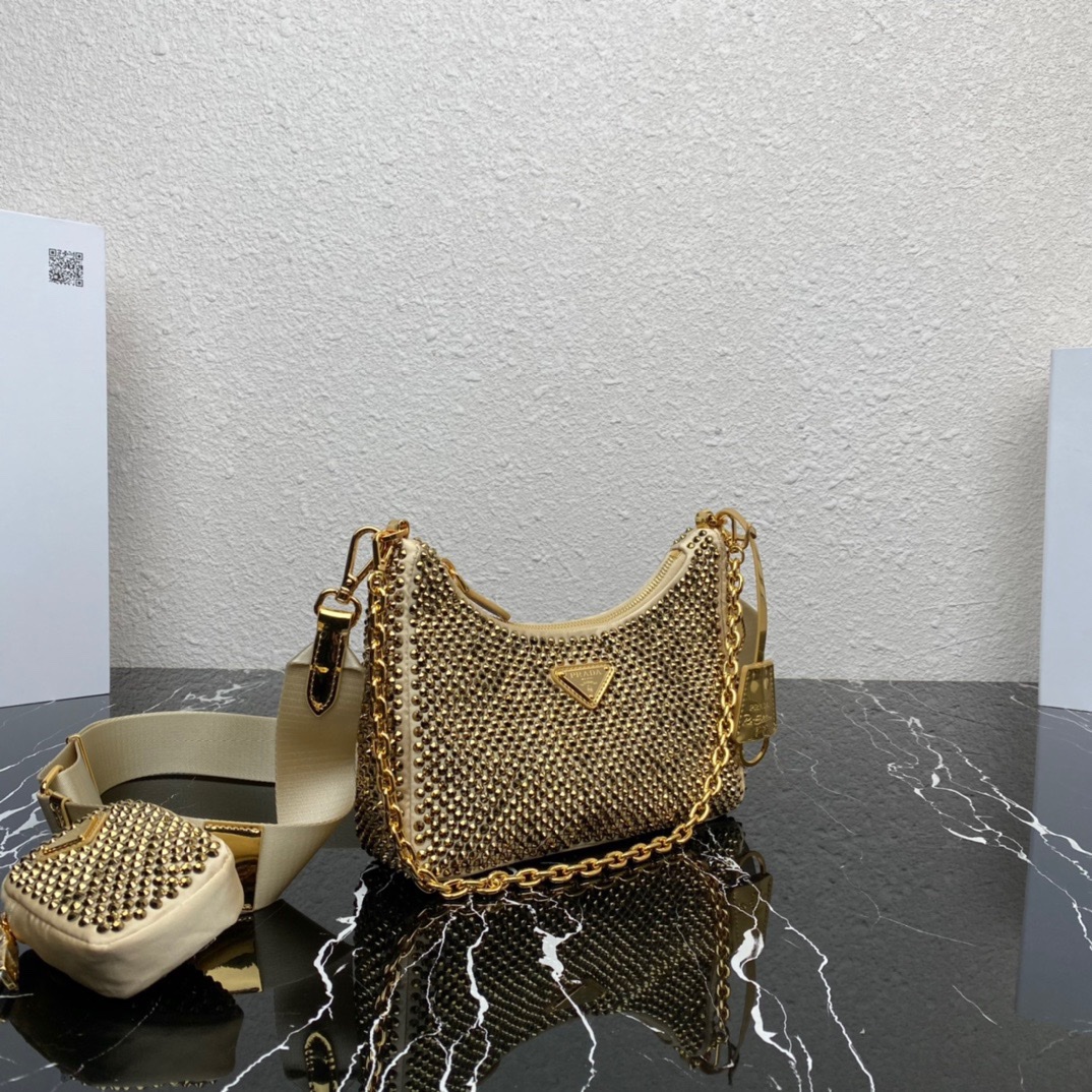 Prada Re Edition 2005 Duchess Synthetic Crystals Shoulder Bag Camel Beige 1BH204